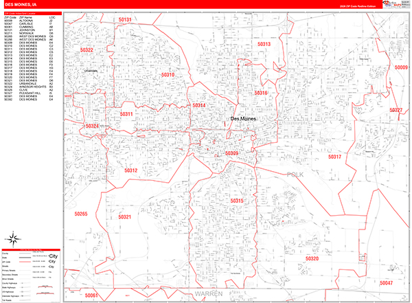Des Moines Zip Code Wall Map